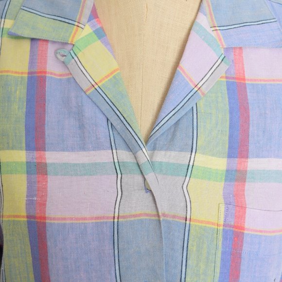 vintage 90s top Ralph Lauren linen pastel plaid button up shirt blouse M - Picture 3 of 7